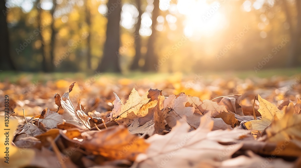 Aufkleber autumn leaves scattered on the ground illuminated by warm sunlight in a forest setting : generative 