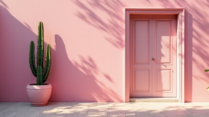 Bright Pink Wall With Wooden Door and Tall Cactus in a Sunny Courtyard Landscape