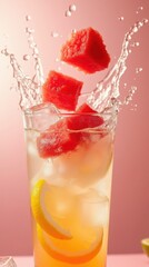 Refreshing Watermelon Drink With Splashes and Citrus on a Pink Background