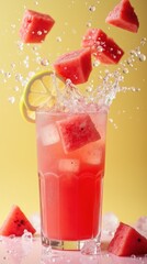 Refreshing Watermelon Drink With Splashes and Lemon Slice on a Vibrant Background