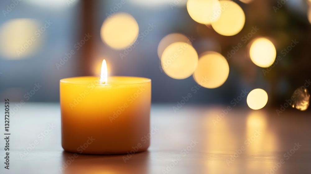 Poster warm glowing candle on a wooden table surrounded by soft bokeh lights creating a cozy atmosphere : g