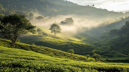Naklejka premium Misty Sunrise Over Lush Tea Plantation