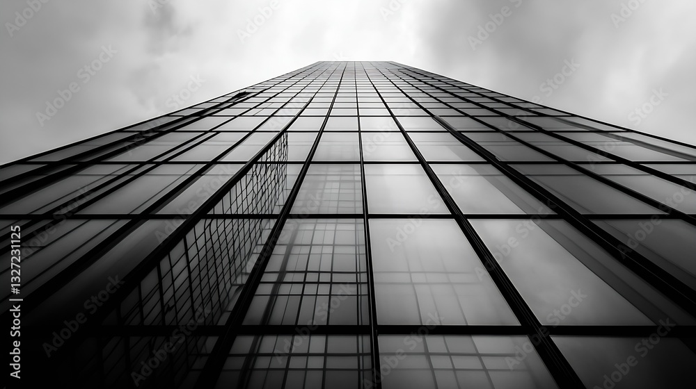 Aufkleber vertical perspective of a skyscraper glass facade under cloudy skies showcasing modern architecture 
