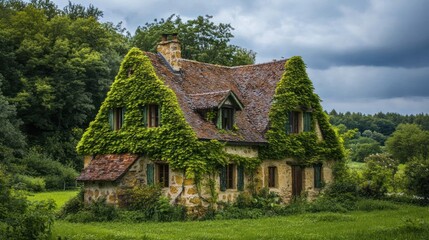 Ivy-Covered Cottage in Green Forest