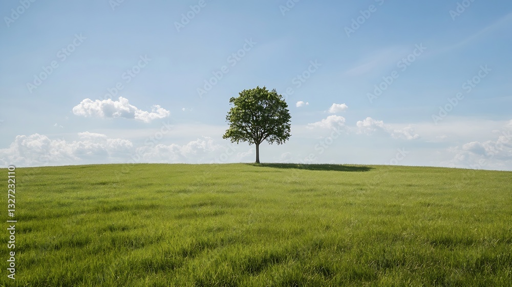 Poster isolated tree on grassy hill under a clear blue sky with fluffy clouds : generative ai