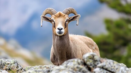 Obraz premium Majestic mountain goat gazing into the camera against a blurred natural backdrop : Generative AI