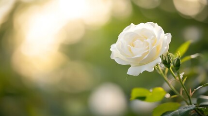 Stunning close up of a delicate white rose blooming in a garden with soft sunlight in the background : Generative AI