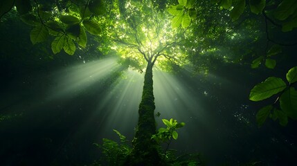 Fototapeta premium Stunning panoramic view of a dense lush forest canopy actively sequestering carbon with ancient towering trees and tangled branches creating a verdant serene natural environment