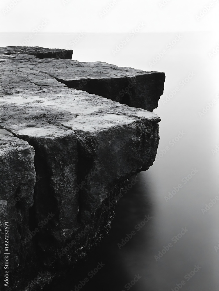 Poster black and white photograph of rugged cliffs jutting into calm water with soft reflections : generati