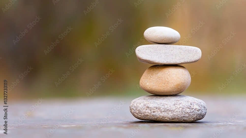 Poster cairn of smooth stones stacked neatly on a blurred natural background : generative ai