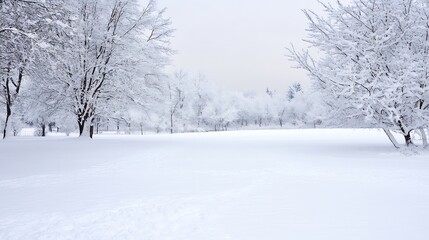 Fototapeta premium Stunning winter landscape showcasing a serene snowy field surrounded by frosted trees under a pale sky : Generative AI