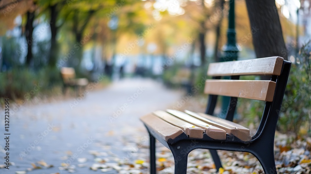 Poster empty park bench surrounded by autumn leaves in a tranquil city environment : generative ai