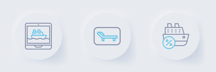 Set line Cruise ship, Sunbed and umbrella and icon. Vector