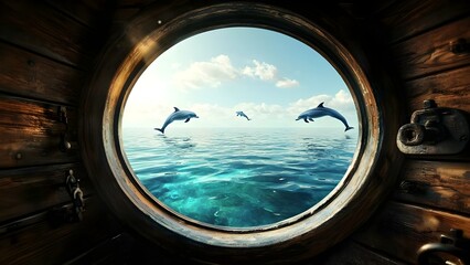 Fototapeta premium A circular window view of dolphins jumping in a vibrant blue ocean under a partly cloudy sky. Concept Dolphins Jumping, Vibrant Blue Ocean, Circular Window View, Partly Cloudy Sky, Nature's Beauty