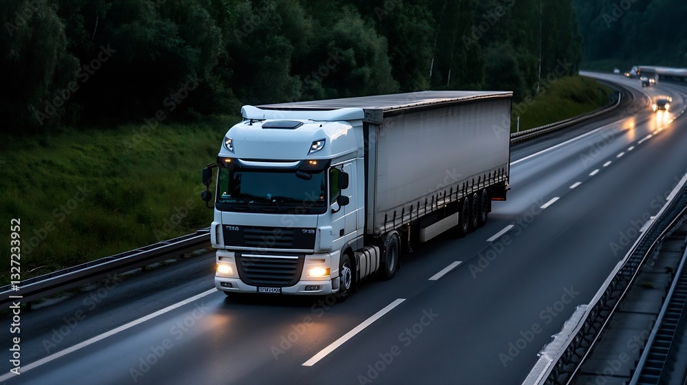 Poster nighttime highway with a white truck in motion creating a sense of urban transportation hustle : gen