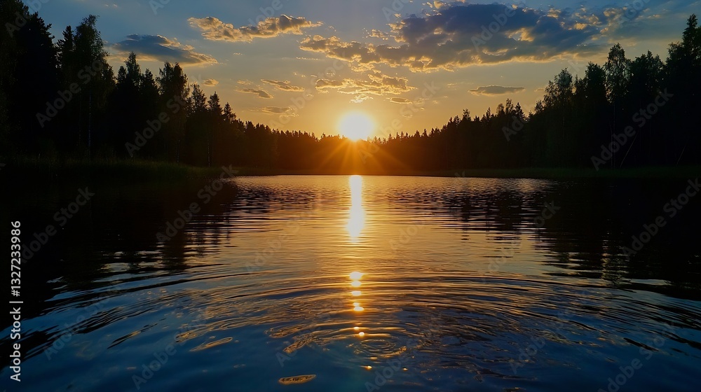 Poster serene sunset over a tranquil lake with sun rays reflecting on the water surface : generative ai