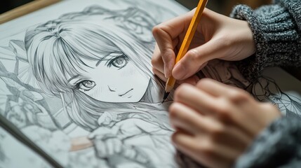 Close-up of a hand holding a pencil. An artist draws an anime comic on vacation, on the beach. Manga. Anime.