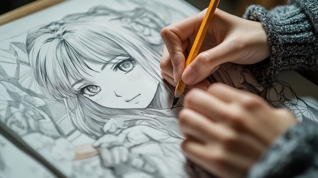 Close-up of a hand holding a pencil. An artist draws an anime comic on vacation, on the beach. Manga. Anime.