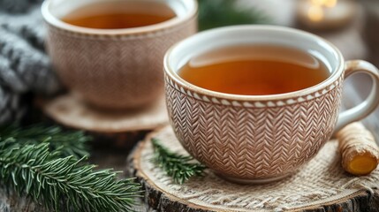 Fototapeta premium Cozy winter tea cups on wooden slices