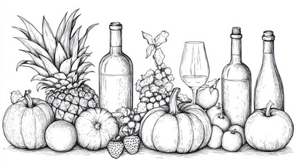 Autumn harvest still life with wine bottles, fruits, and pumpkins