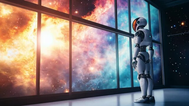 A robot observes vibrant cosmic colors and stellar formations from a high tech space station, embracing the vastness of the universe
