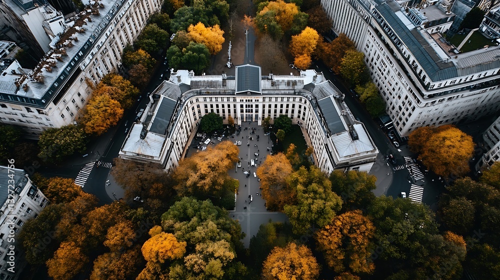 Poster aerial view of urban park surrounded by colorful autumn trees and modern buildings : generative ai