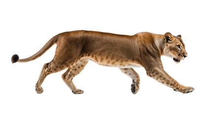 Obraz premium Majestic Lioness in Full Body Shot Hunting with Intense Focus on White Background transparent background