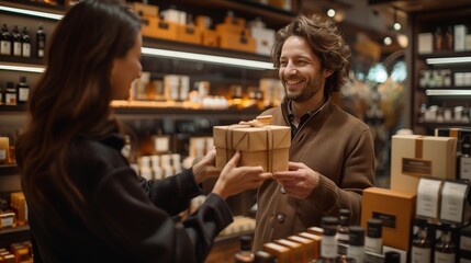A cheerful man receives a beautifully wrapped gift from a woman in an inviting shop filled with elegant products.