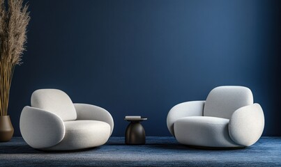 Modern living room, two armchairs, dark blue walls, minimalist decor