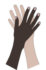 High five greeting, friendly palms clapping, friendship of peoples of different races
