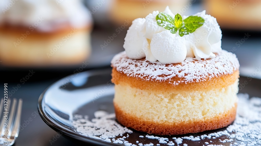 Poster delicious and fluffy vanilla cake topped with cream and mint leaves on a plate ready to be enjoyed :