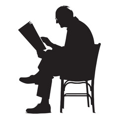 Solitary Thinker Old Man Reading a Newspaper silhouette, lost in world events - Old Man illustration - Minimalist Old Man vector - Focused intellect
