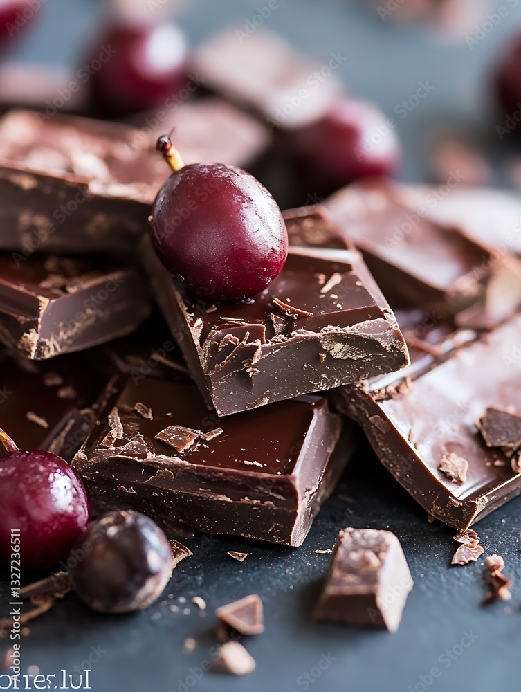 Poster delicious dark chocolate bars with ripe grapes on a textured surface : generative ai