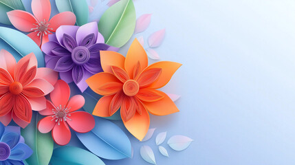 Obraz premium Colorful paper flowers with intricate designs on a soft background with copy space