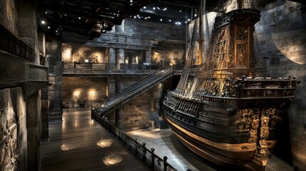 Fototapeta premium Historic ship exhibit maritime museum photography indoor space wide angle cultural heritage