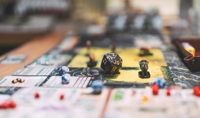 Old school game style with dice role playing tabletop and board games hobby