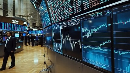 Dynamic Stock Exchange Floor with Real-Time Data Displays and Trading Activity, New York - Powered by Adobe
