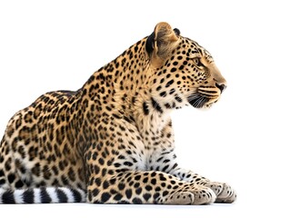 Fototapeta premium Leopard in Repose: The sleek form of a leopard lies in a state of serene repose, its distinctive spotted coat a striking pattern against a pristine setting.