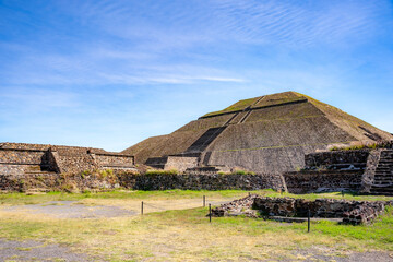 Wide view of the Pyramid of the Moon in Teotihuacán, Mexico, highlighting ancient stone structures...