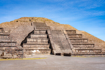 Close-up of the Pyramid of the Sun in Teotihuacán, Mexico, showcasing the stepped architecture...