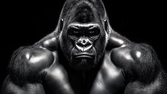 A muscular gorilla showing its raw power and intensity in a dramatic lighting setup over black background