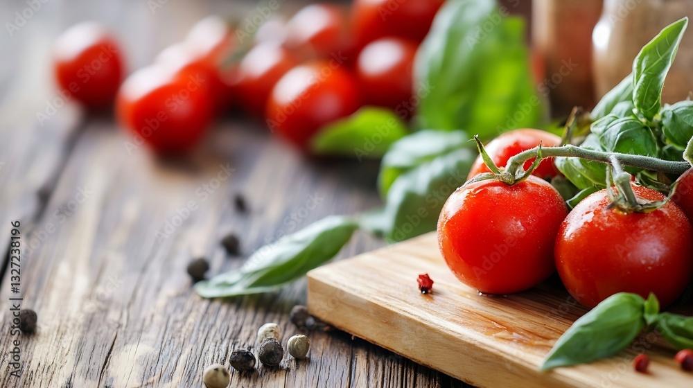 Aufkleber fresh ripe tomatoes with green basil on wooden cutting board in rustic kitchen setting : generative 