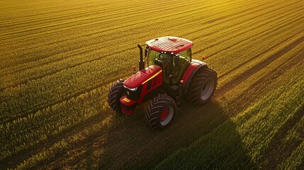 Obraz premium Red Tractor in Golden Fields at Sunrise Highlighting Modern Farming Practices and Agricultural Machinery