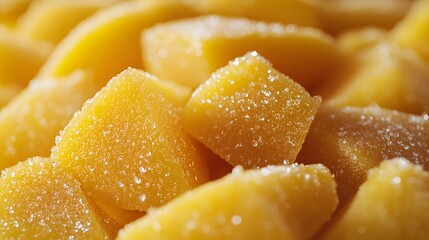 Close-Up Full Frame View of Delightful Candied Mango Pieces Against a Blurred Nature Background
