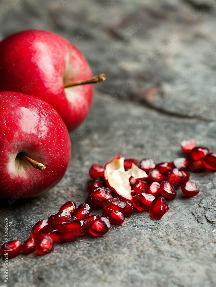 Poster fresh and juicy red apples surrounded by vibrant pomegranate seeds on rustic stone background : gene