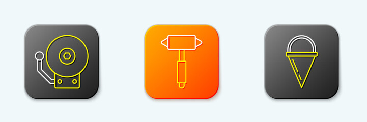 Set line Ringing alarm bell, Firefighter axe and cone bucket icon. Vector