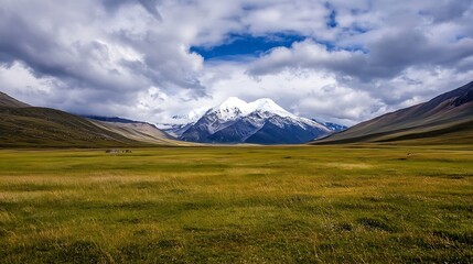 Obraz premium Stunning panoramic view of majestic snow capped mountains under a vibrant blue sky : Generative AI