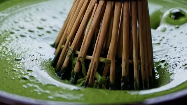 A close-up of a bamboo whisk stirring frothy green matcha tea, creating a smooth and vibrant texture, showcasing the traditional Japanese tea ceremony technique