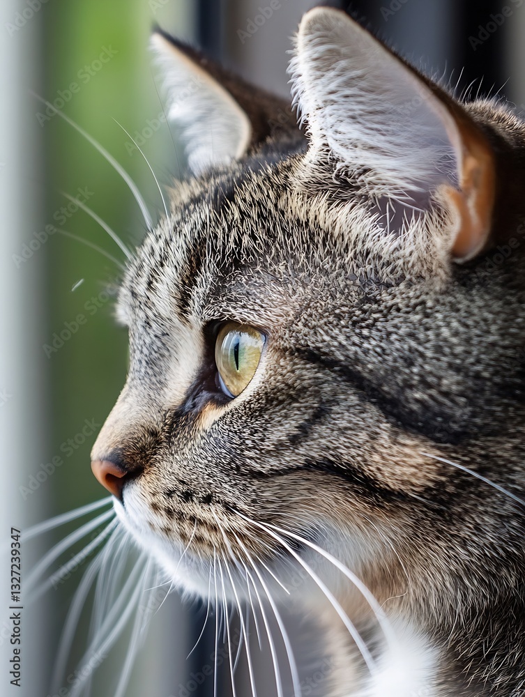 Poster focused portrait of a domestic cat gazing out a window with mesmerizing green eyes : generative ai