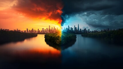 Fototapeta premium Vivid Portrayal of the Carbon Cycle s Continuous Recycling through Natural and Processes Serene Forest Landscapes Lush Vegetation Bustling Cityscapes and Renewable Energy Infrastructure